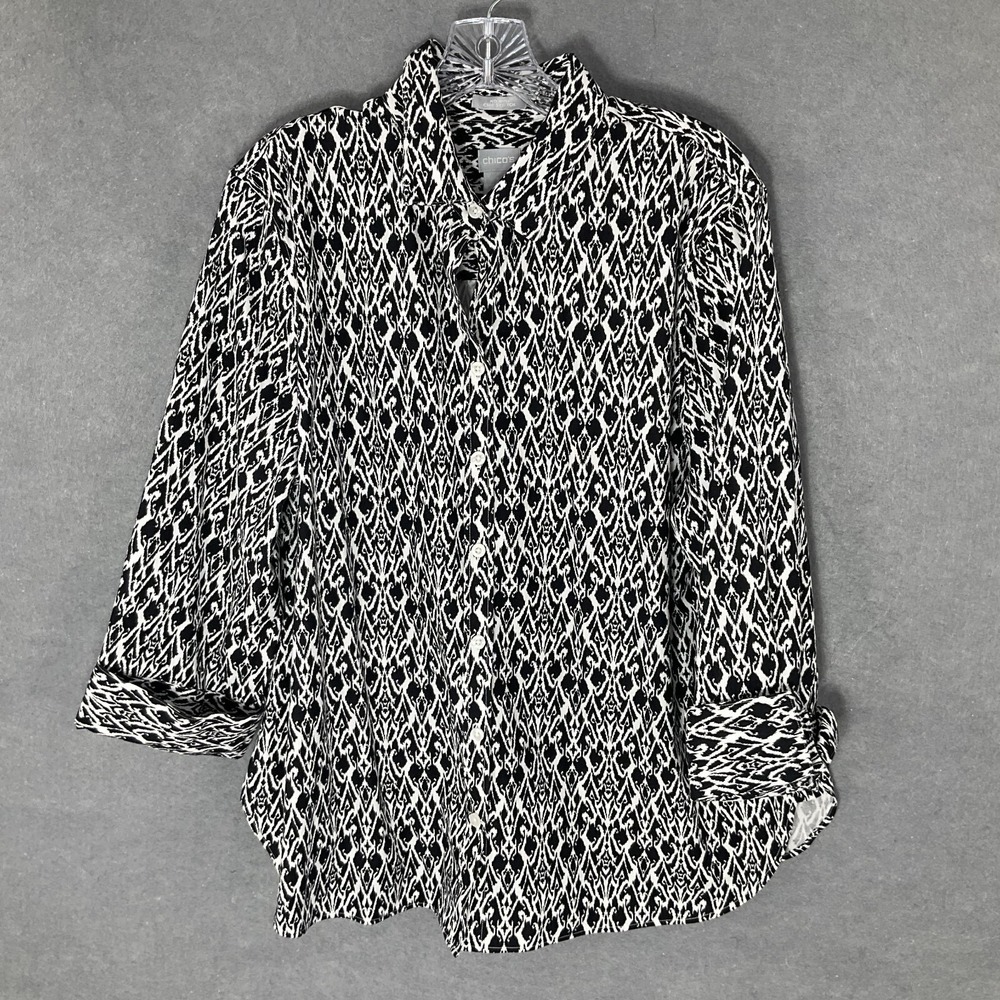 Chico's Top Womens 16 Black White Classic Button Up Cuff Sleeve No Iron Office